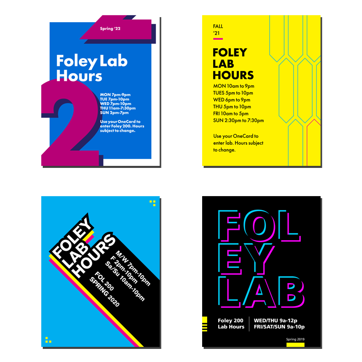 Posters advertising lab hours for LMU's Studio Arts classes.