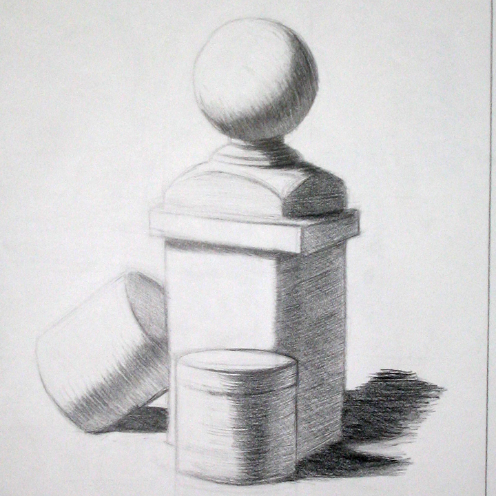 A still life drawing of geometric shapes.